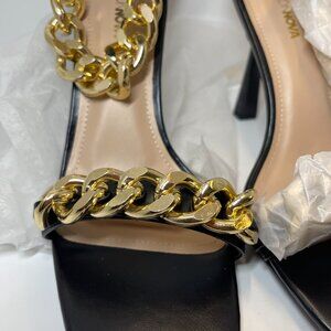 Black Heeled Sandals with cuban link GOLD CHAIN straps. Fashion Nova size 8.5